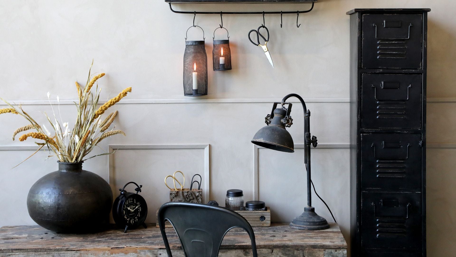 Desk lamp on wooden desk