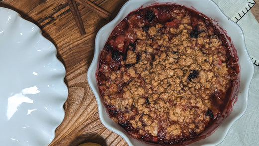 Pear and blackberry crumble in Clovelly pie dish.