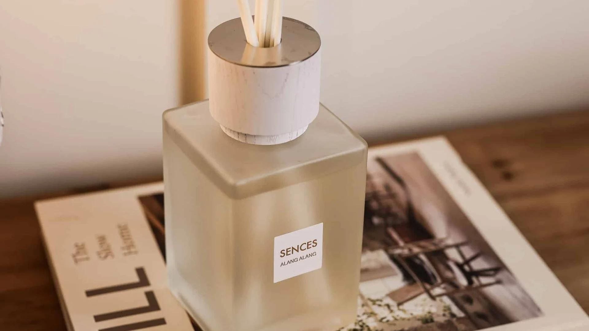 Large reed diffuser on white book on wooden console.