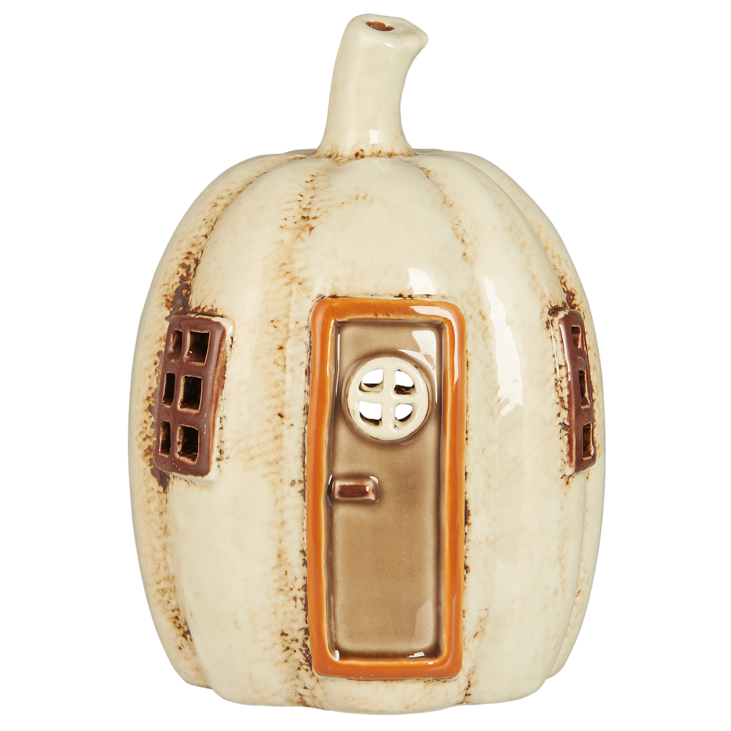 Pumpkin shaped ceramic tea light holder.