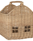 Woven basket with handle in the shape of a house.