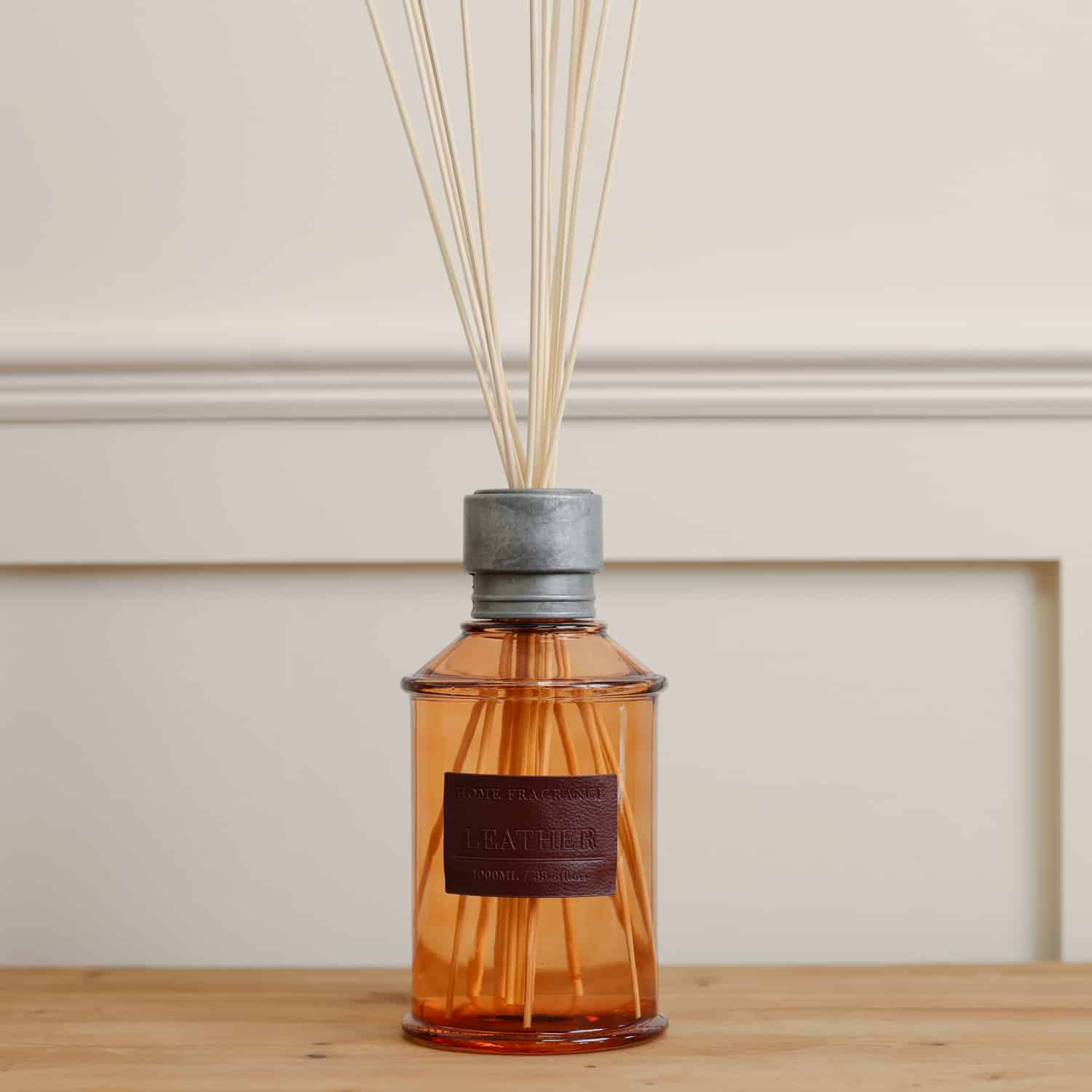 Vintage Leather Reed Diffuser on wooden console