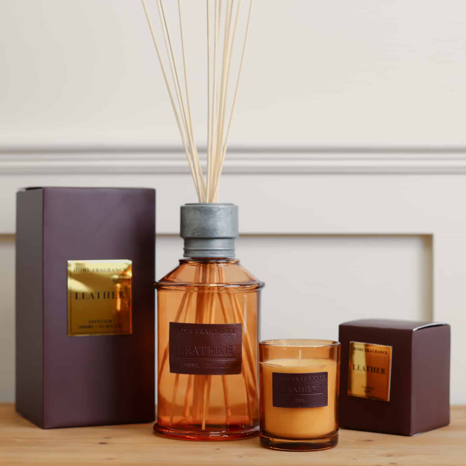 Vintage Leather Reed Diffuser and candle with presentation boxes