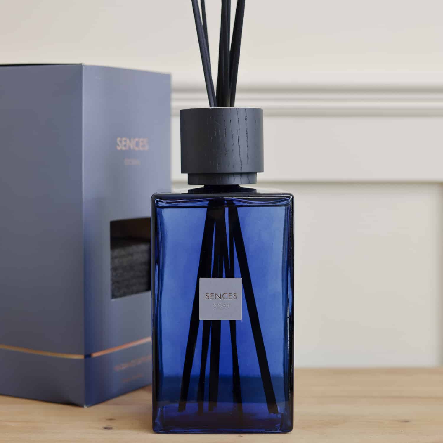 Sences Ocean Blue Extra Large Reed Diffuser with presentation box on wooden console