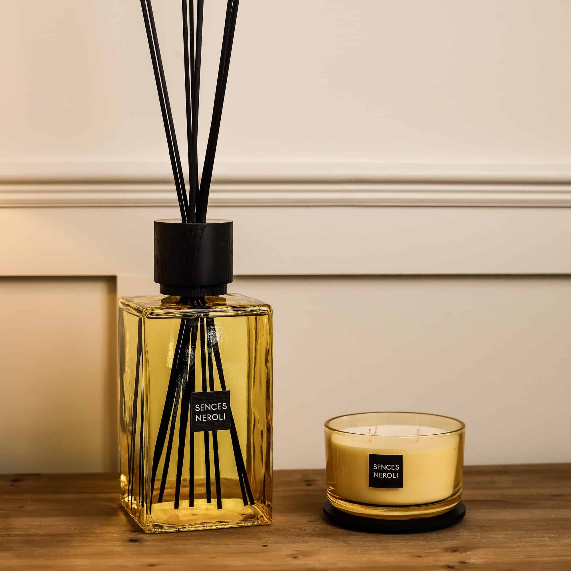 Sences Neroli Extra Large Reed Diffuser with matching candle on wooden console table