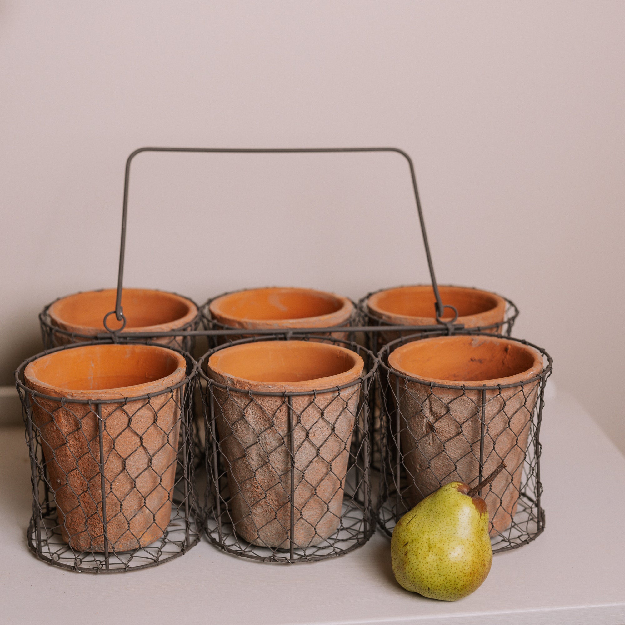 Clay herb pots in wire basket with a pear.
