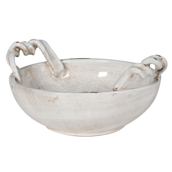 Off white ceramic bowl with twisted handles. 