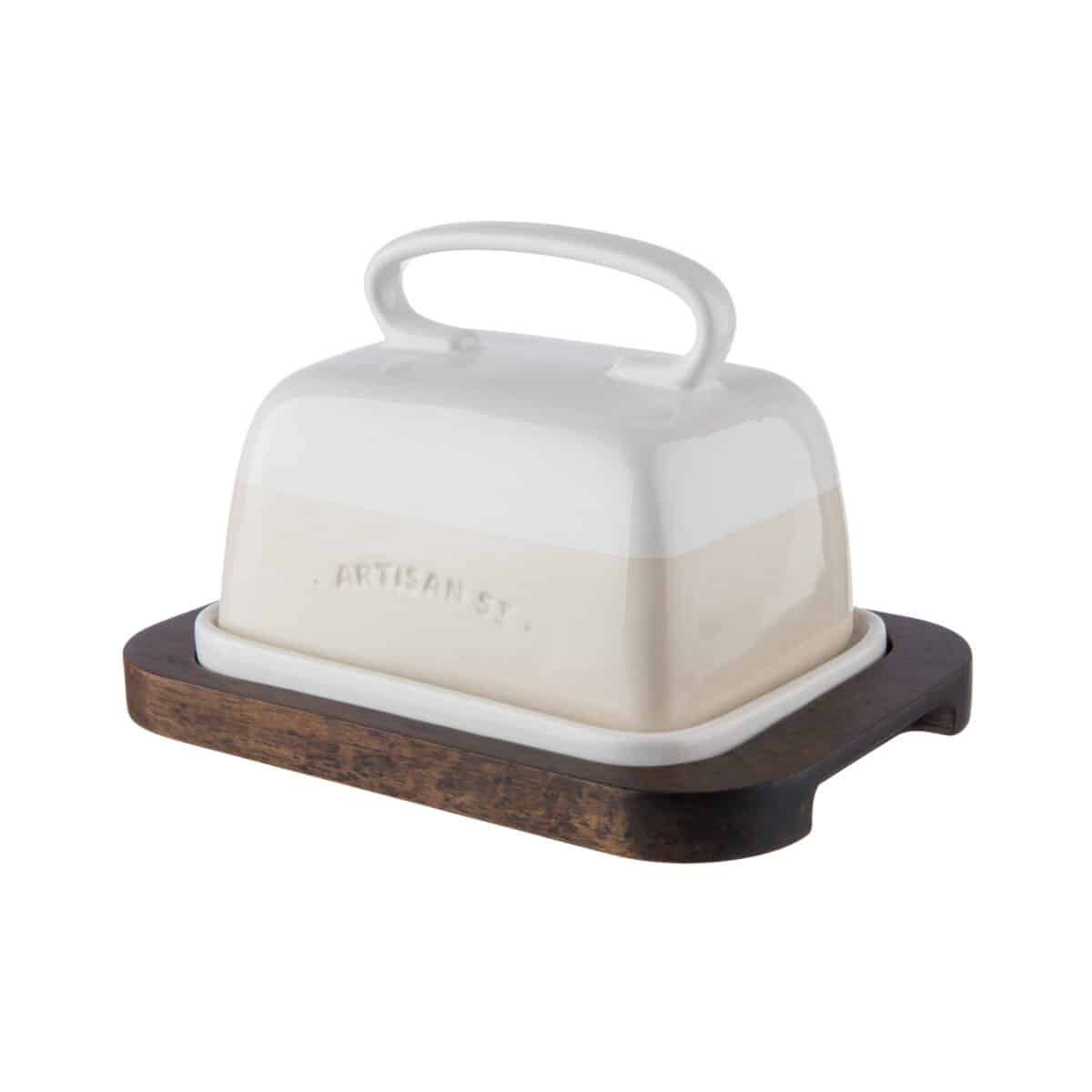 cream stoneware butter dish with acacia wood base