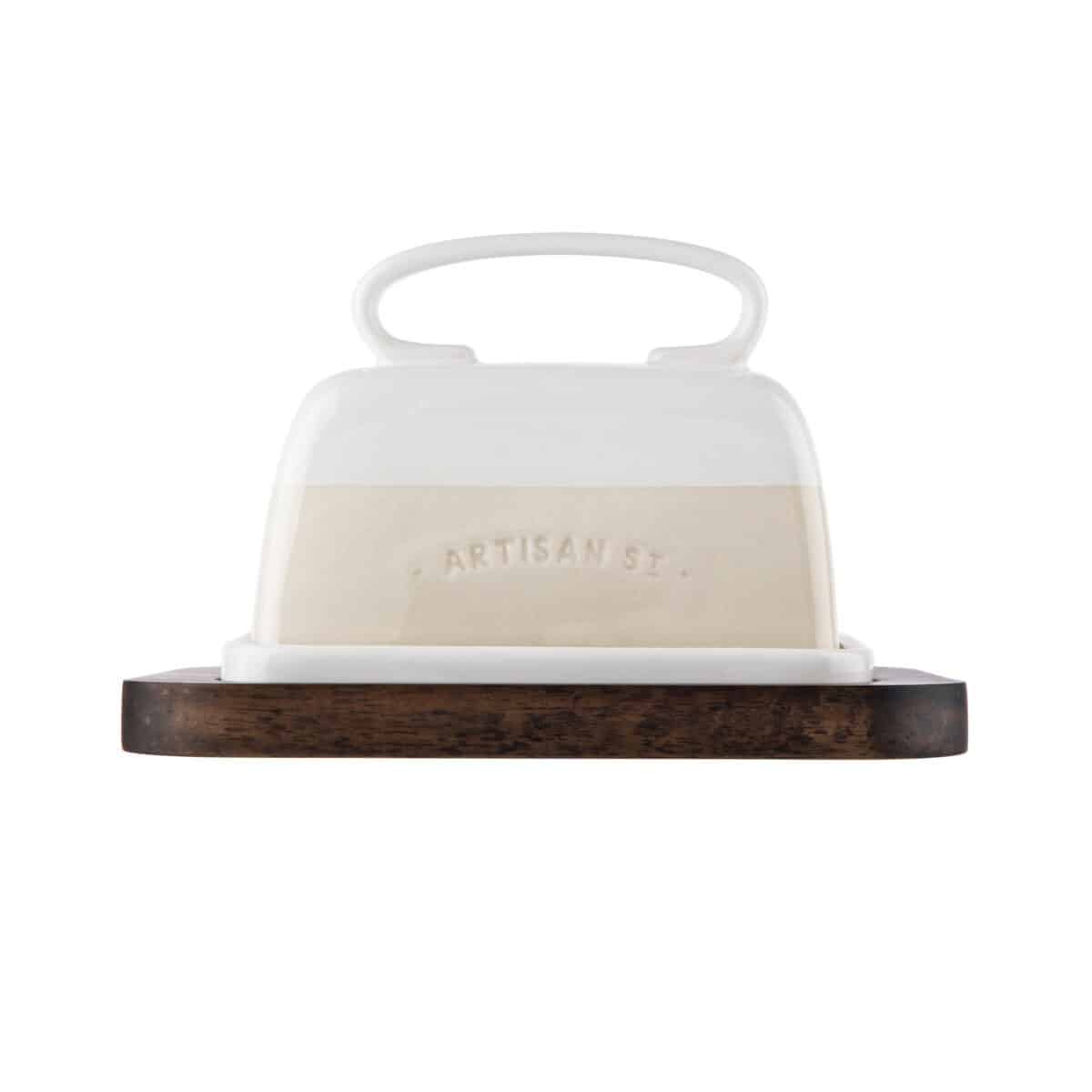 cream stoneware butter dish with acacia wood base