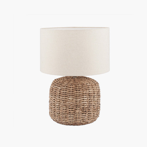 Woven small table lamp with jute shade.