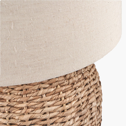 Close up of woven finish and jute lamp shade on small table lamp.