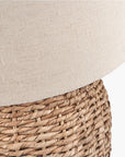 Close up of woven finish and jute lamp shade on small table lamp.