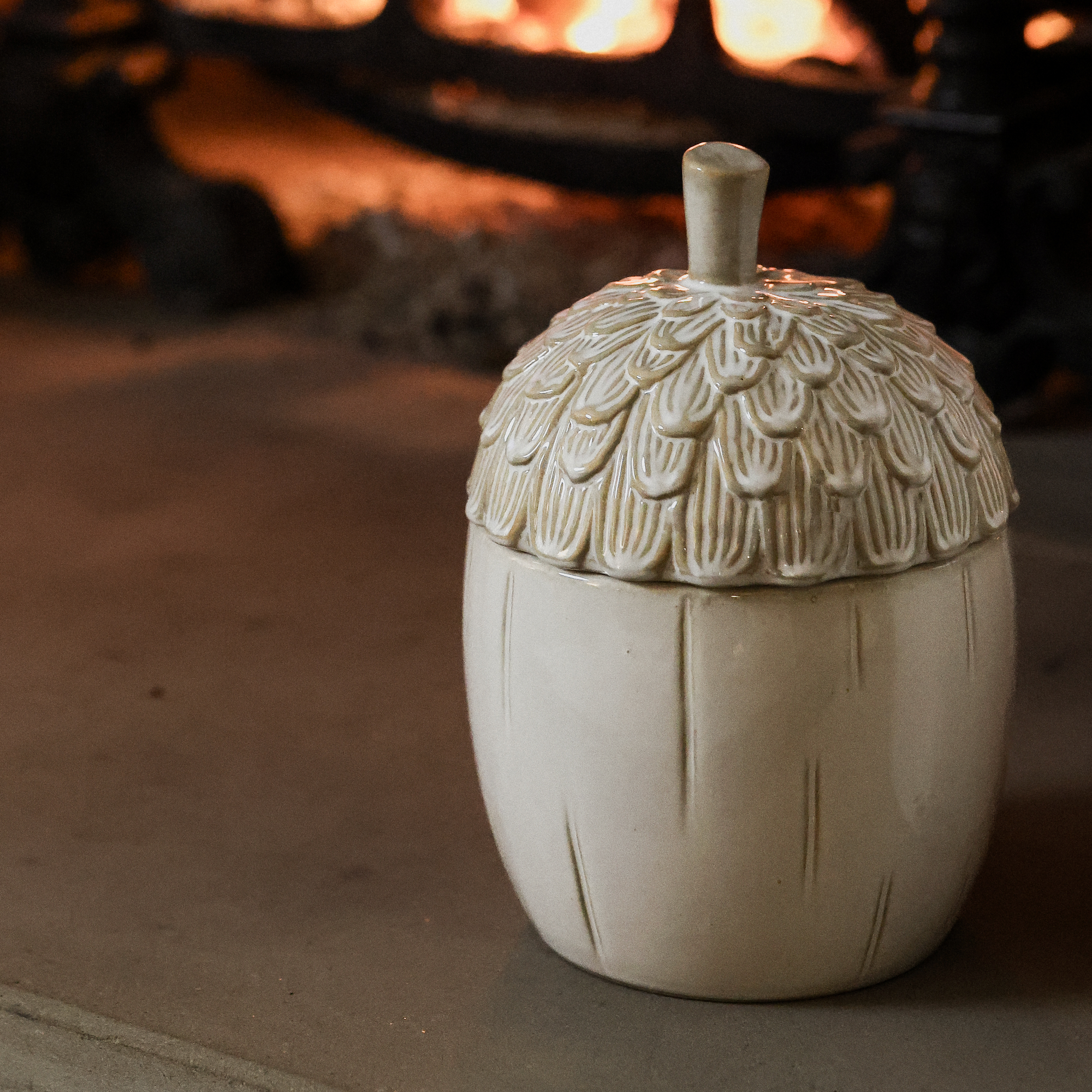 Ceramic Acorn Jar by the Fire