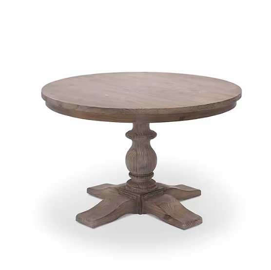 Natural pine round dining table with one round chunky leg, product image.