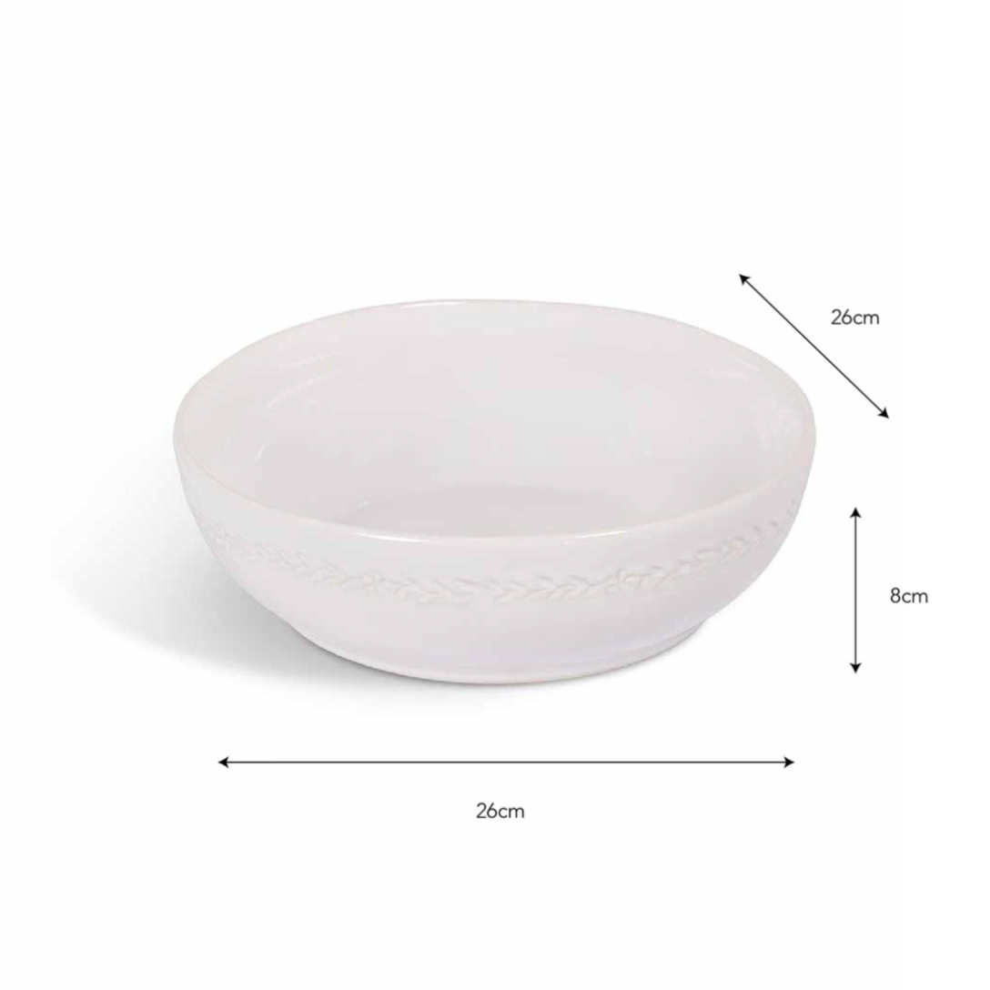 Product image with measurements of white ceramic serving bowl with leaf detailing.