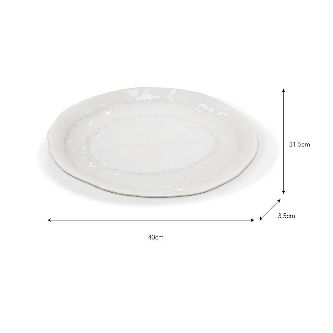 Product image with measurements of white ceramic serving platter with leaf detailing.