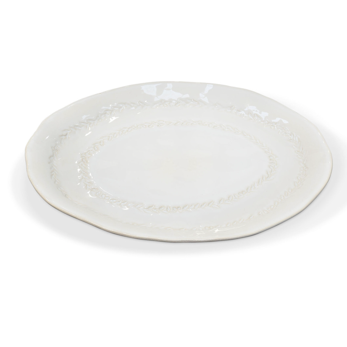 Product image of white ceramic serving platter with double leaf detailing.