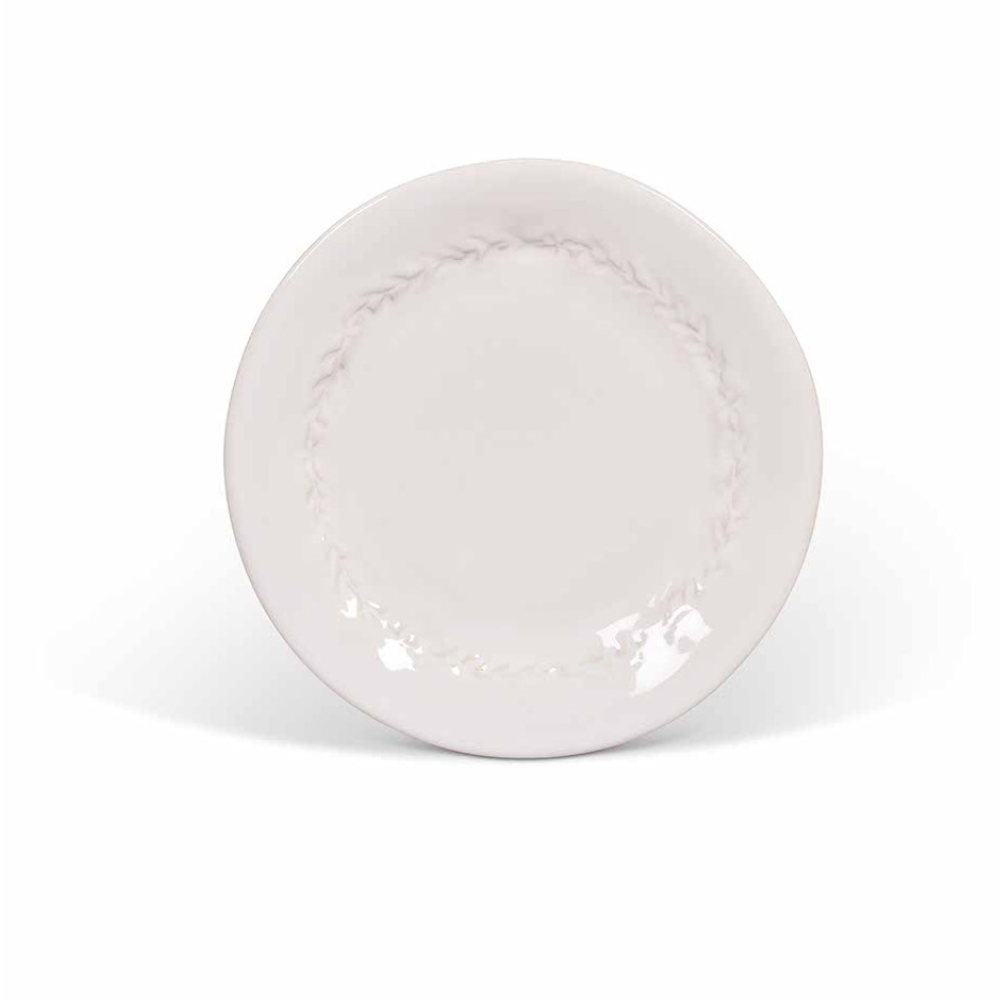 White ceramic side plate with leaf detailing.