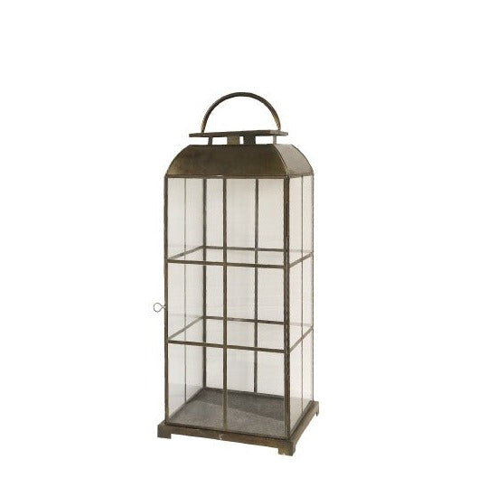 Small square brass candle lantern with panelling and handle.