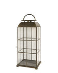 Small square brass candle lantern with panelling and handle.