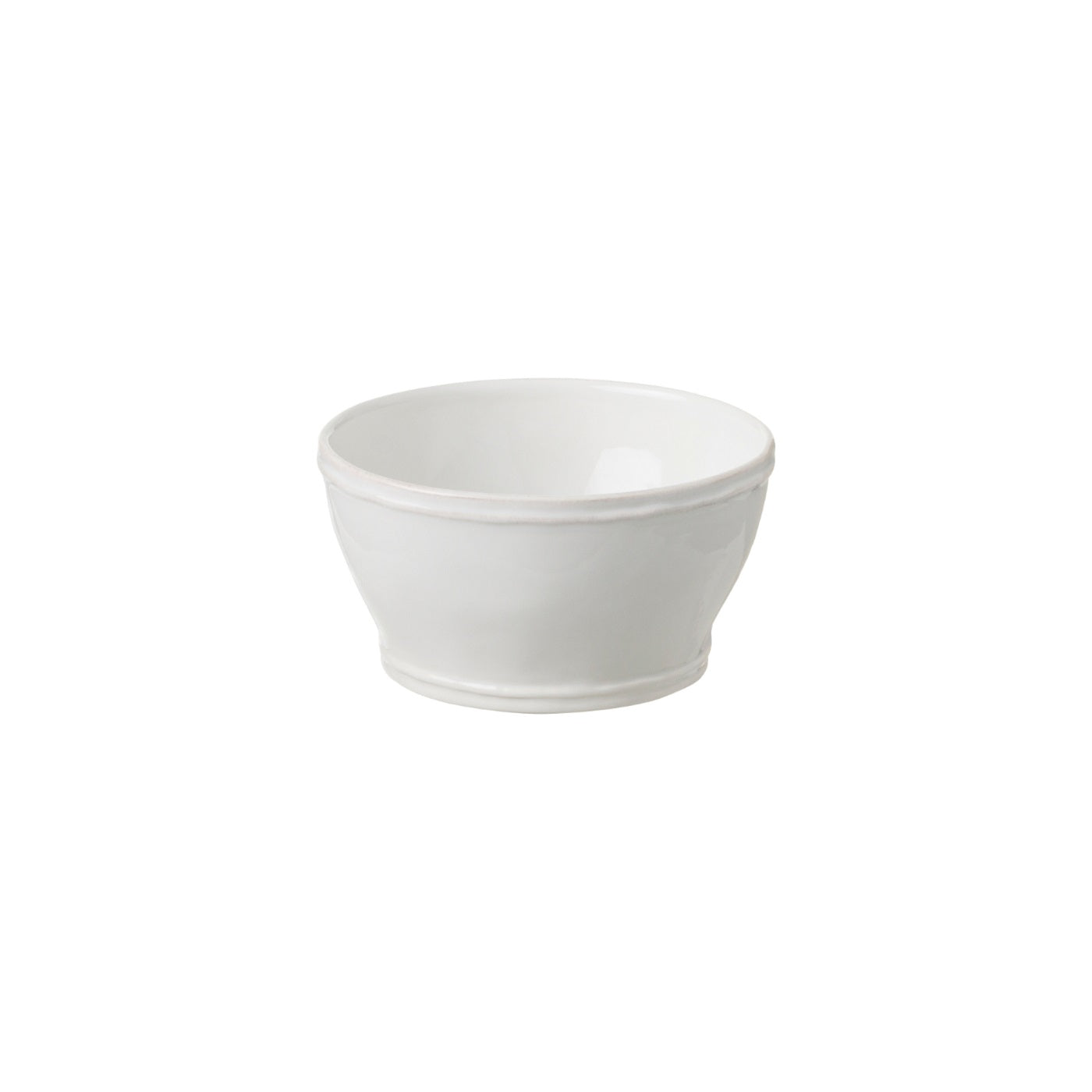 Pearly white cereal bowl with raised border on top and bottom.