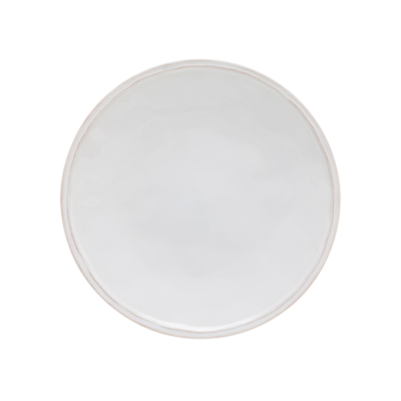 Pearly white dinner plate with raised circular border. 
