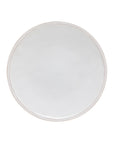 Pearly white dinner plate with raised circular border. 