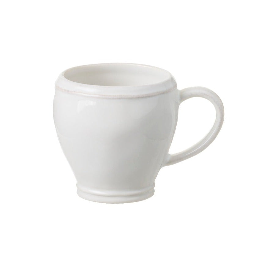 Pearly white mug with raised border at the top and bottom.