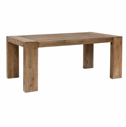 Wooden dining bench with 4 chunky legs, from the side.