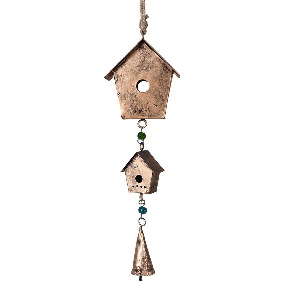 Antiqued brass bird house hanging decoration with two houses, a bell and green beads.