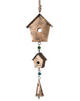 Antiqued brass bird house hanging decoration with two houses, a bell and green beads.