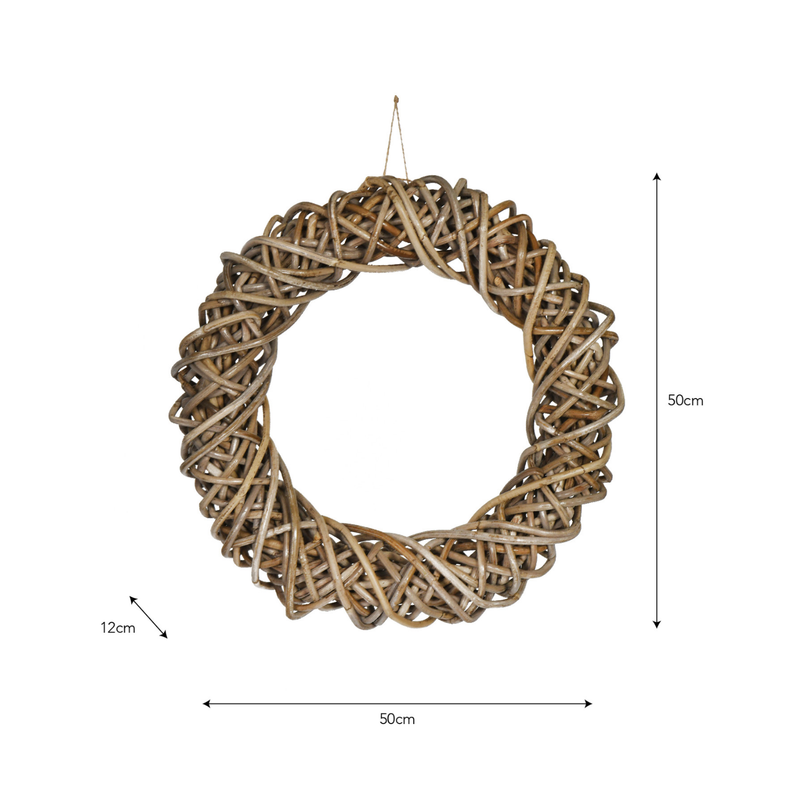 rattan wreath on white background with dimensions.