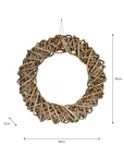 rattan wreath on white background with dimensions.