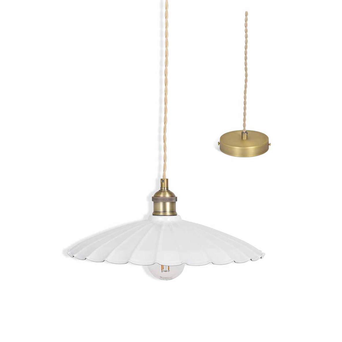 White fluted ceramic pendant with brass fixture.