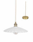 White fluted ceramic pendant with brass fixture.