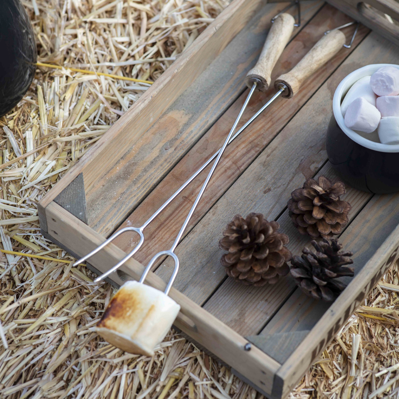 BBQ Forks Set of 2 on a wooden tray with marshmallows. 