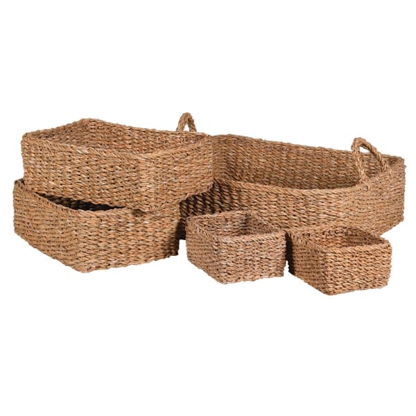 Woven seagrass basket set, separately stacked up.