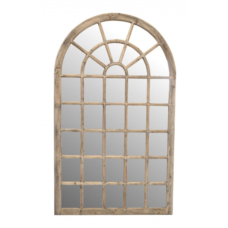 Tall arch mirror with wooden frame and panelling front view.