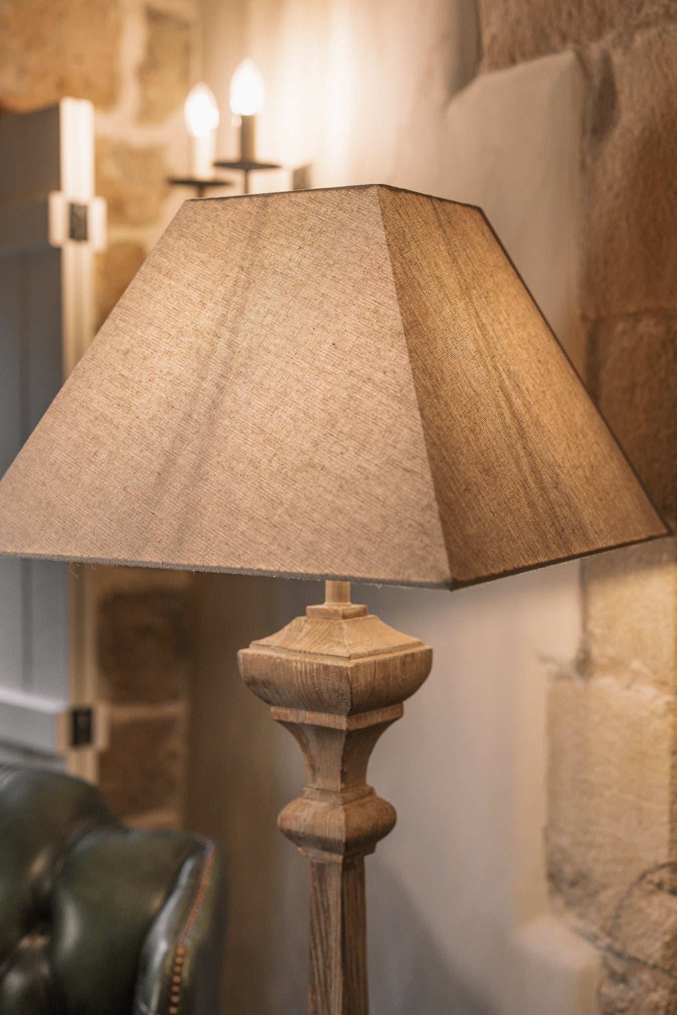 Close up of textured linen lamp shade.