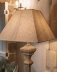 Close up of textured linen lamp shade.