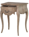 Reclaimed wood bedside table with open drawer.