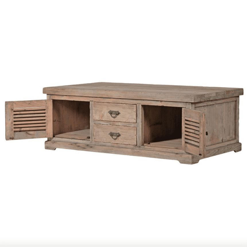 Reclaimed wood coffee table with cupboard doors open.