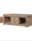 Reclaimed wood coffee table with cupboard doors open.