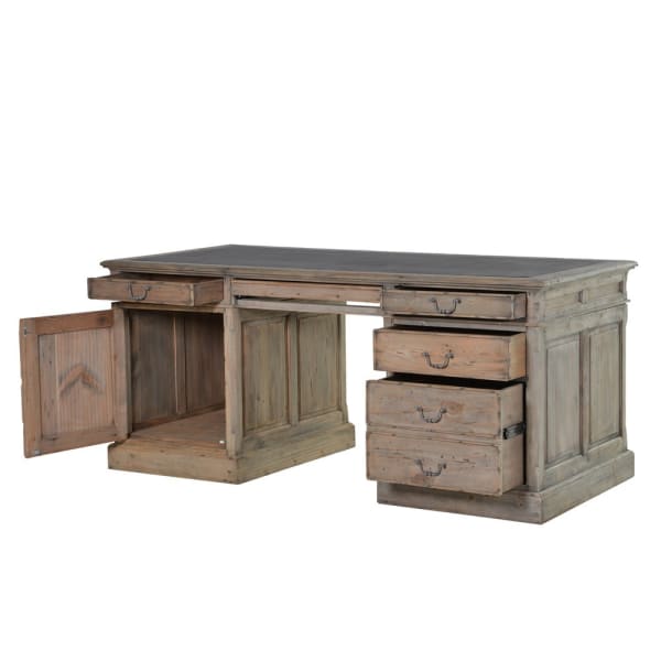 Reclaimed wood partner desk with 11 drawers, open and brass handles. 