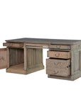 Reclaimed wood partner desk with 11 drawers, open and brass handles. 