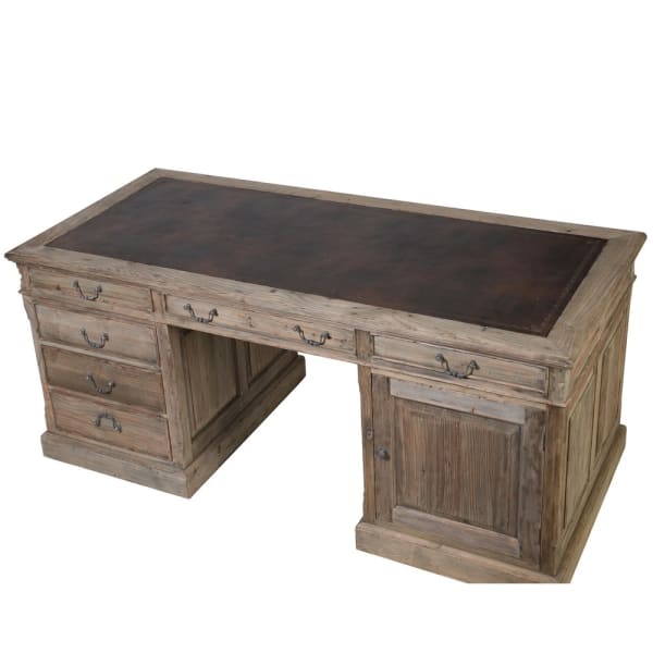 Reclaimed wood partner desk with 11 drawers and brass handles from above.