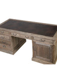 Reclaimed wood partner desk with 11 drawers and brass handles from above.