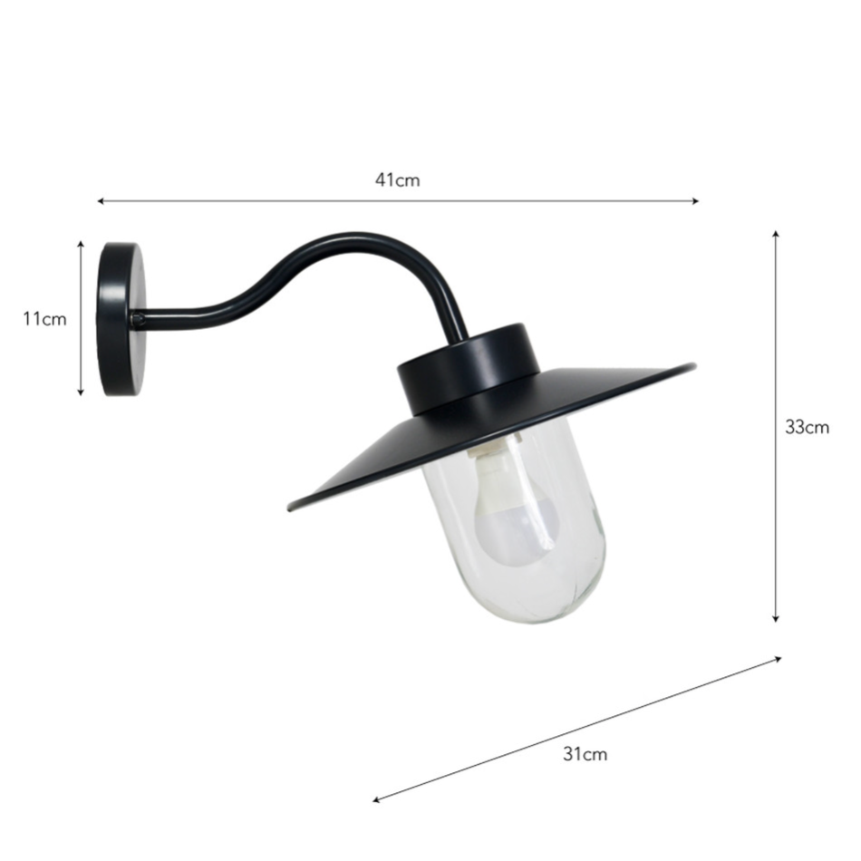 Black swan neck outdoor wall light with dimensions.