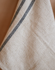 Close up of texture on cream and blue striped kitchen towel.