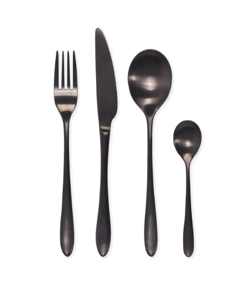 Black cutlery set with fork, spoon, knife and tea spoon.